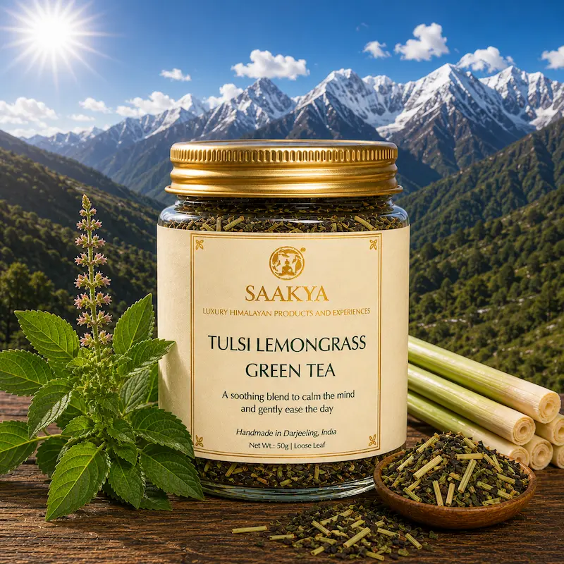 Saakya Tulsi Lemongrass Green Tea 50g – Darjeeling green tea with holy basil and lemongrass Ayurvedic blend