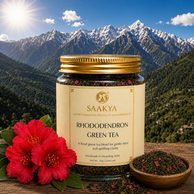 Saakya Rhododendron Green Tea 50g – Darjeeling green tea with Himalayan Buransh rhododendron flowers