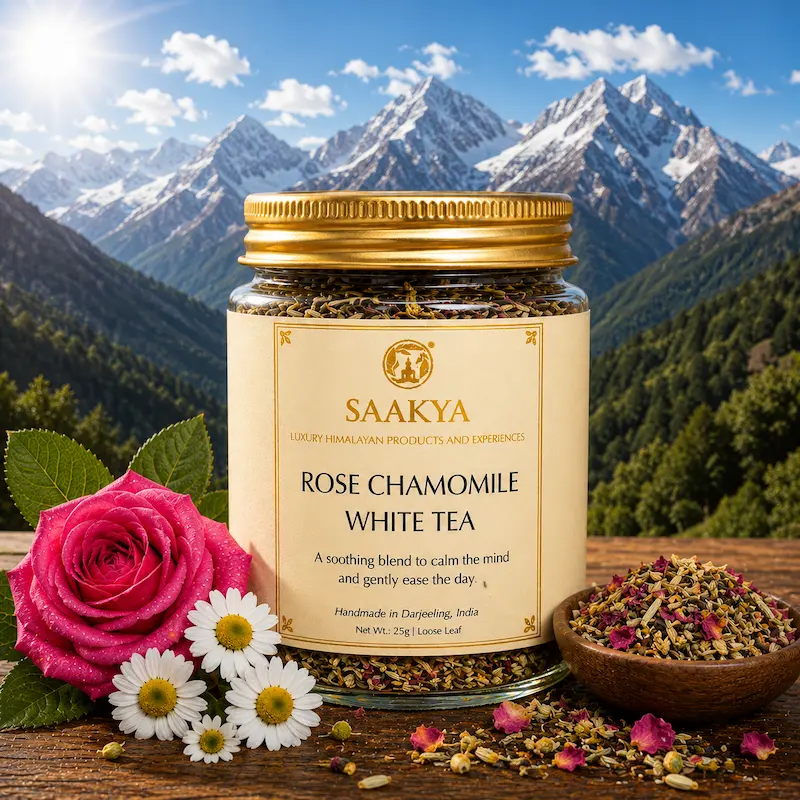 Saakya Rose Chamomile White Tea 25g – Darjeeling white tea blended with rose petals and chamomile