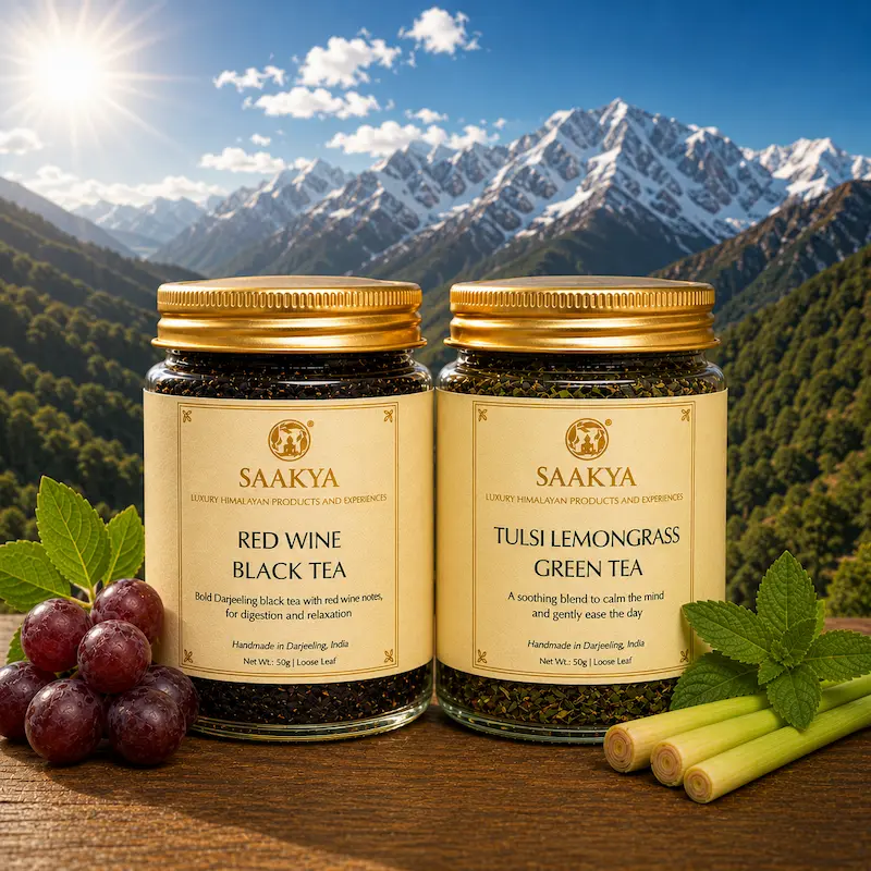 Saakya Dawn and Dusk Ritual Darjeeling tea combo – Red Wine Black Tea and Tulsi Lemongrass Green Tea 50g each