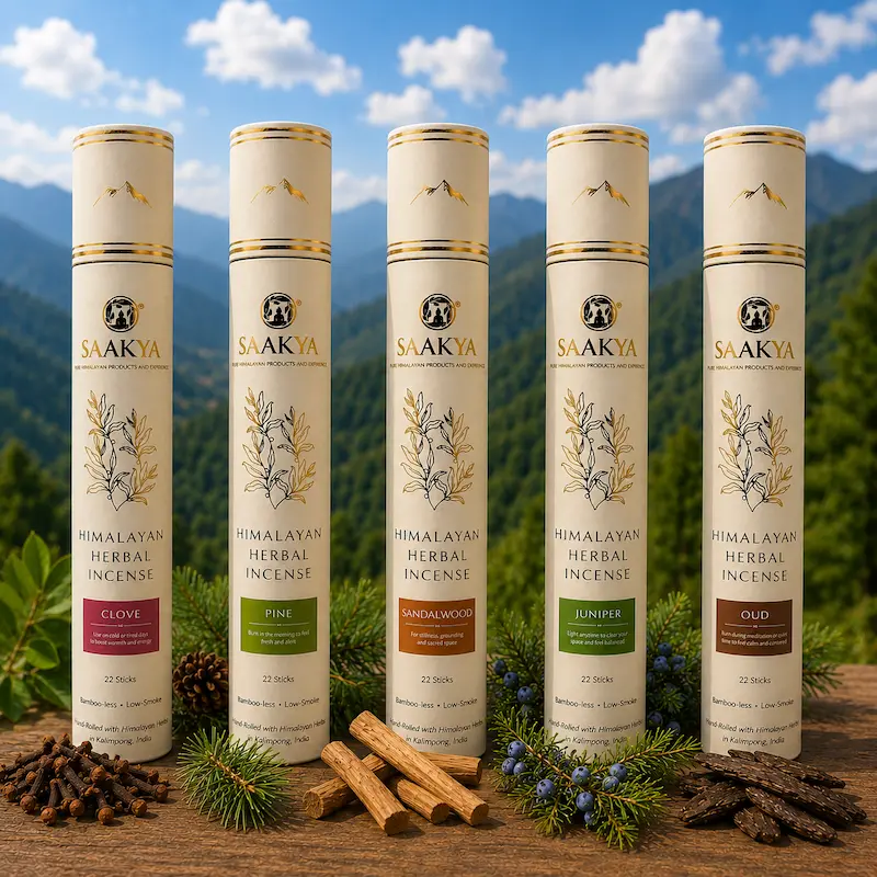 Saakya Himalayan incense sticks combo – Pine, Sandalwood, Clove, Oud and Juniper natural handcrafted incense sticks with free holder