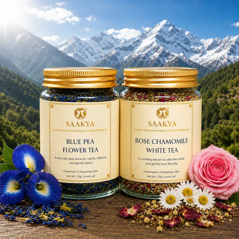 Saakya Rest and Restore Ritual Darjeeling tea combo – Rose Chamomile White Tea and Blue Pea Flower Tea