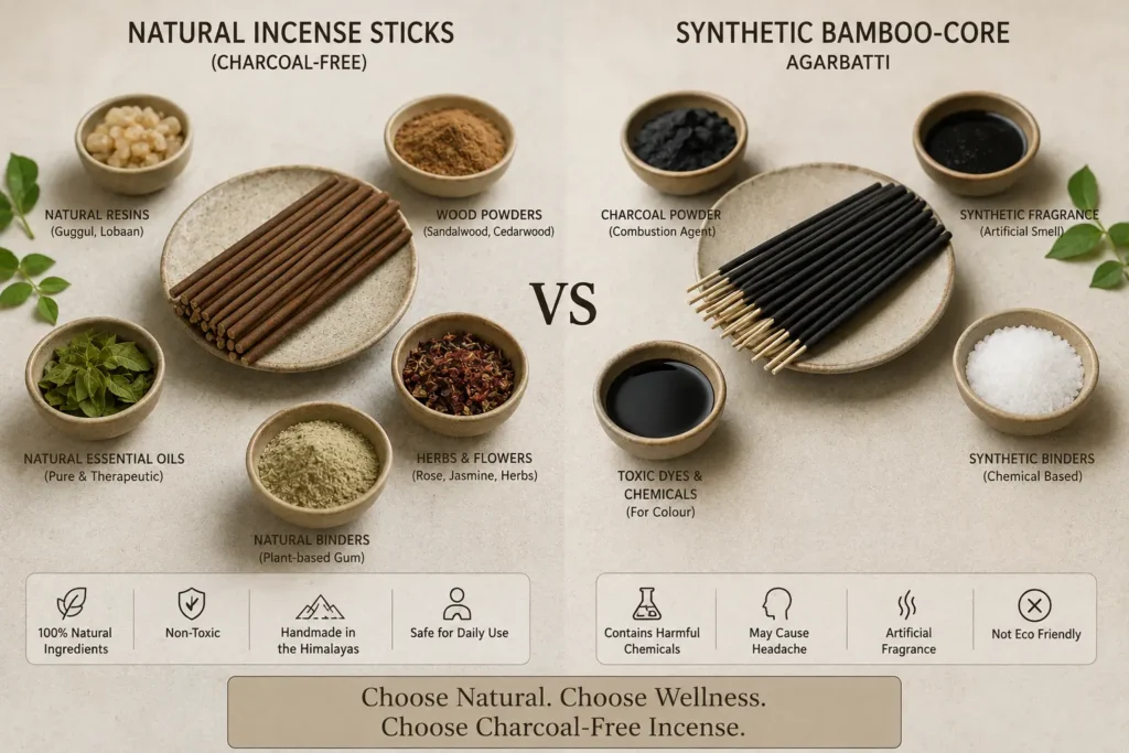 charcoal-free natural incense sticks vs synthetic bamboo-core agarbatti — ingredient comparison