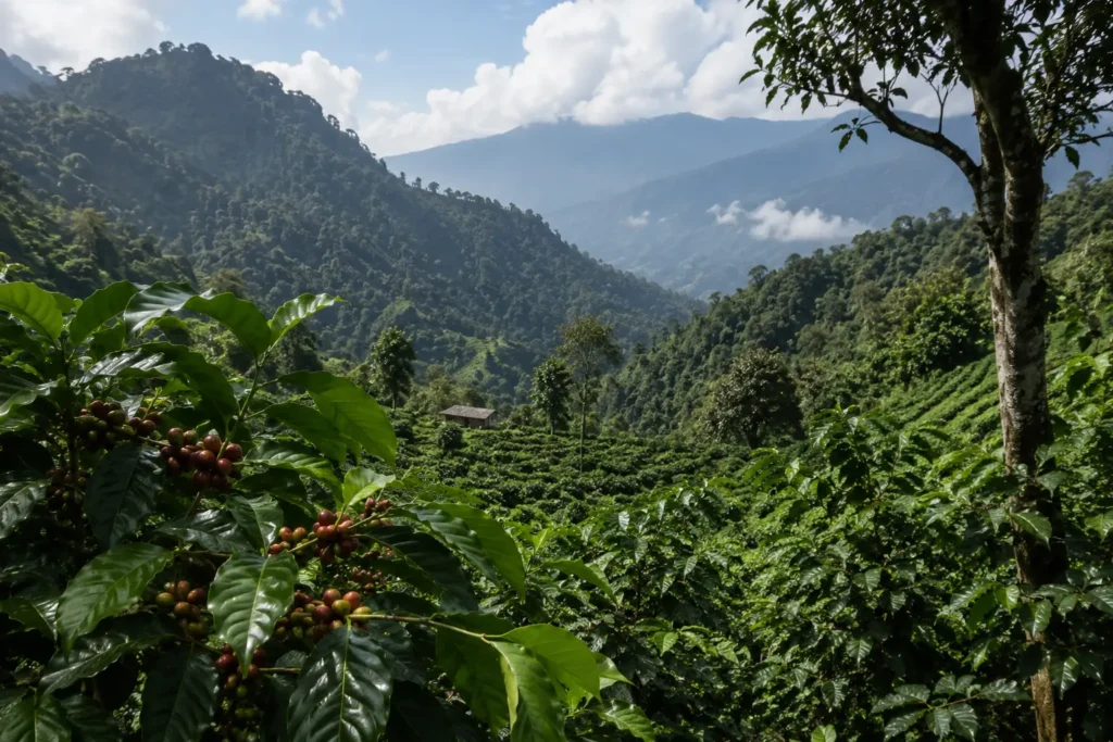 Himalayan coffee farm landscape in Kalimpong Darjeeling — Saakya single origin Arabica