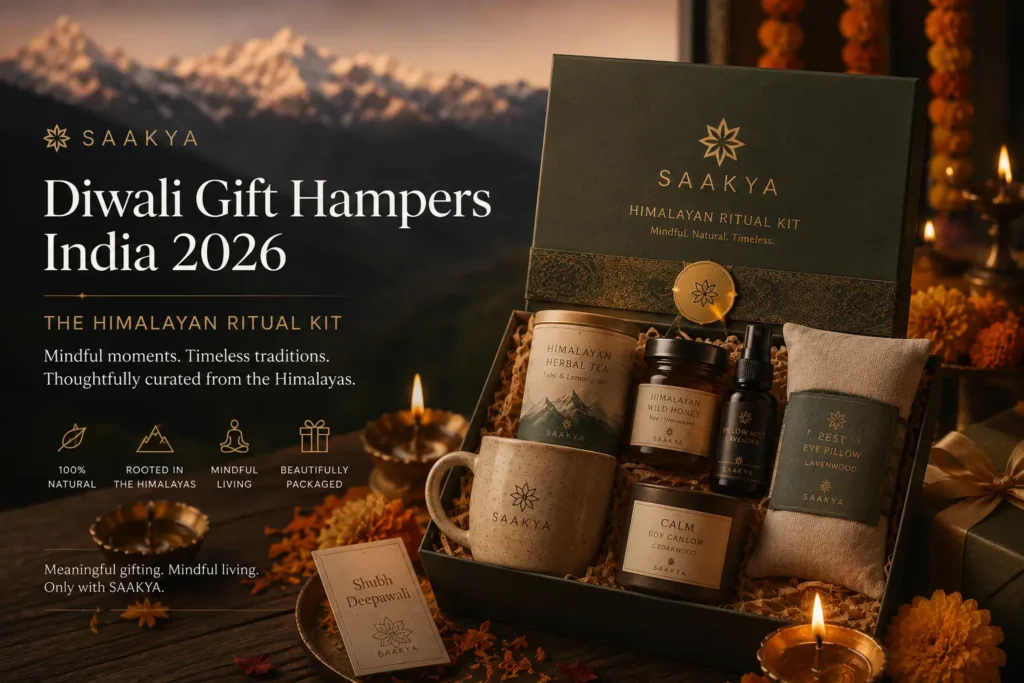 Diwali gift hampers India 2026 — Saakya Himalayan ritual kit with incense Darjeeling tea and fruit concentrate