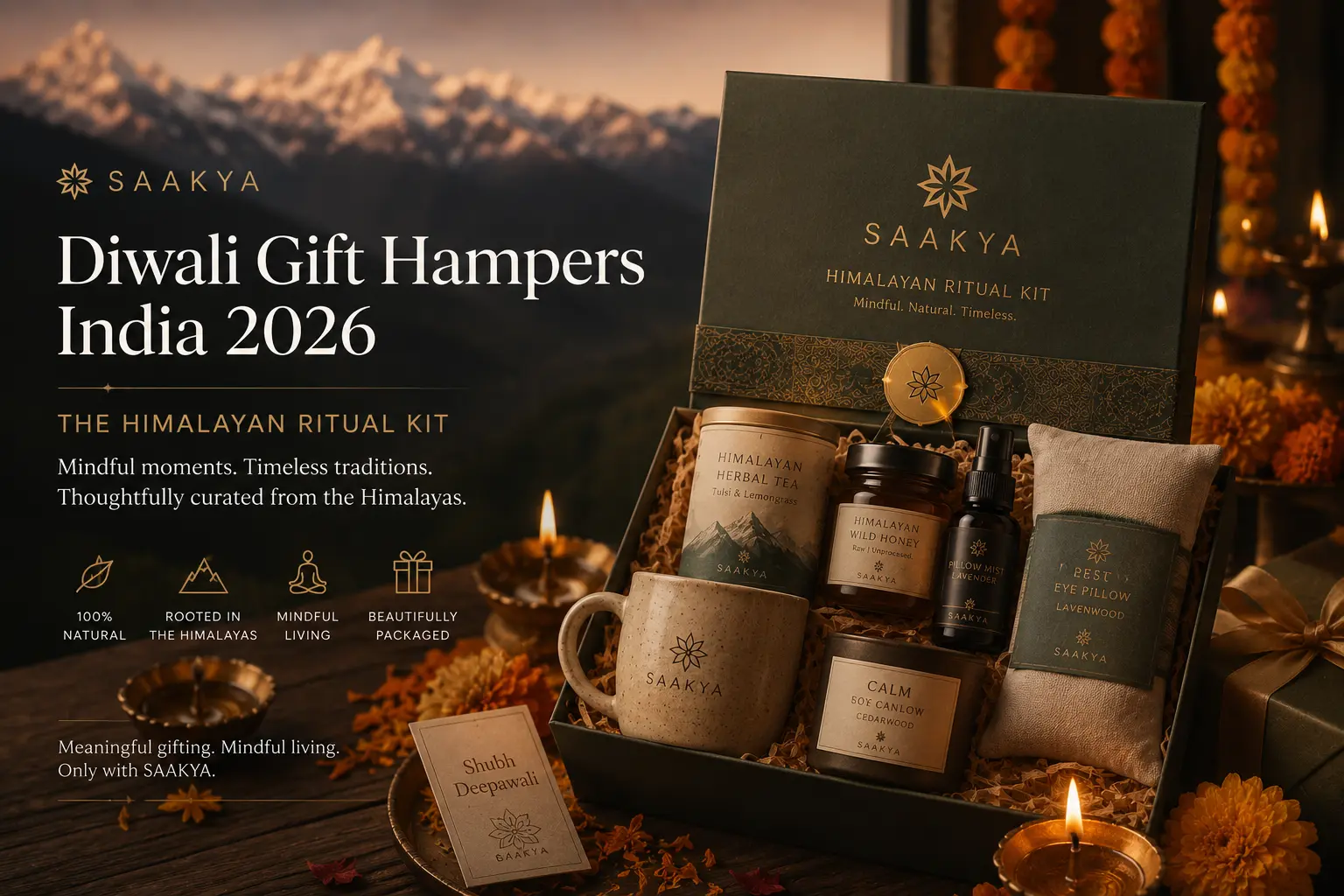Diwali gift hampers India 2026 — Saakya Himalayan ritual kit with incense Darjeeling tea and fruit concentrate