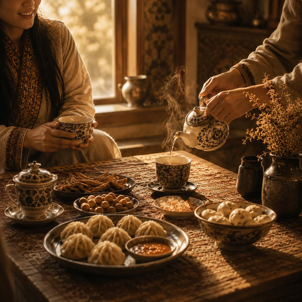 Traditional Himalayan hospitality ritual inspired by Zhugdrey featuring tea, coffee, local flavours and shared moments around the table.