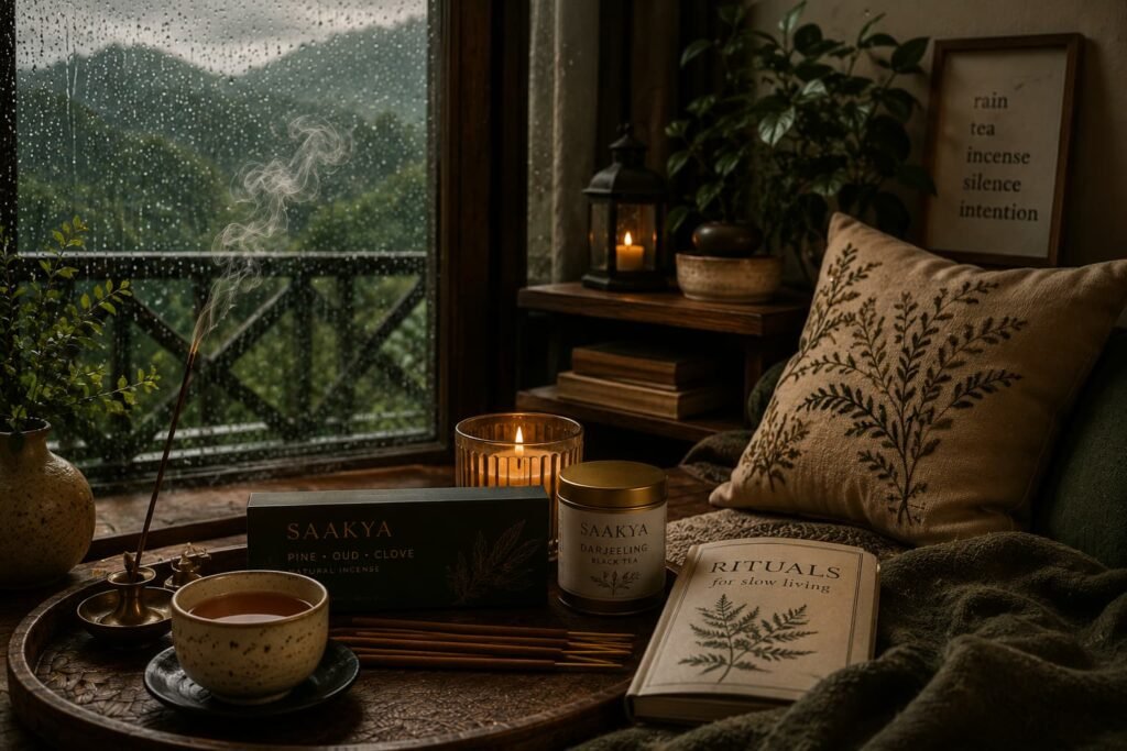 Intentional monsoon home ritual with incense tea and rain