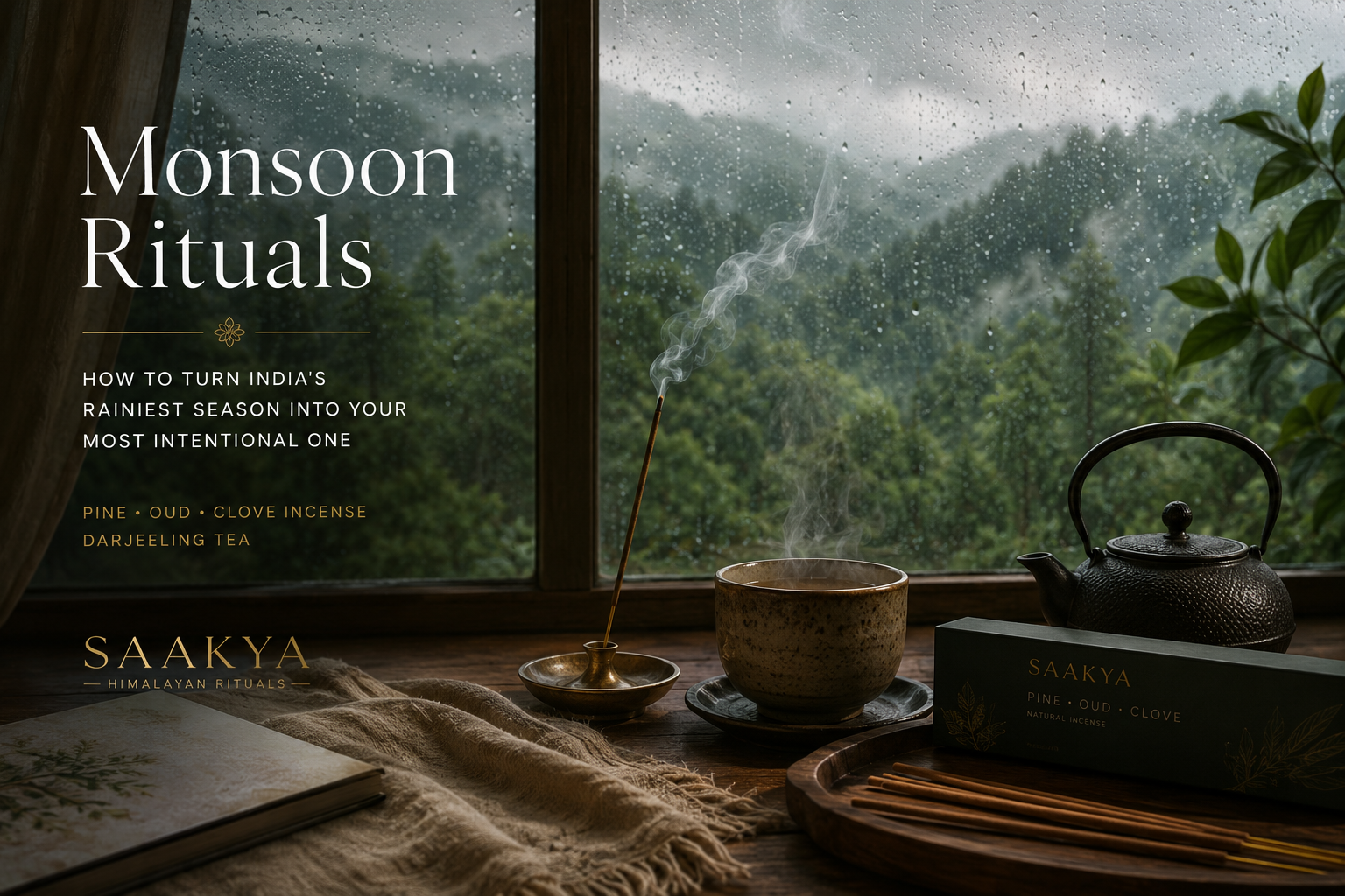 Monsoon wellness ritual India with Darjeeling tea and Himalayan incense