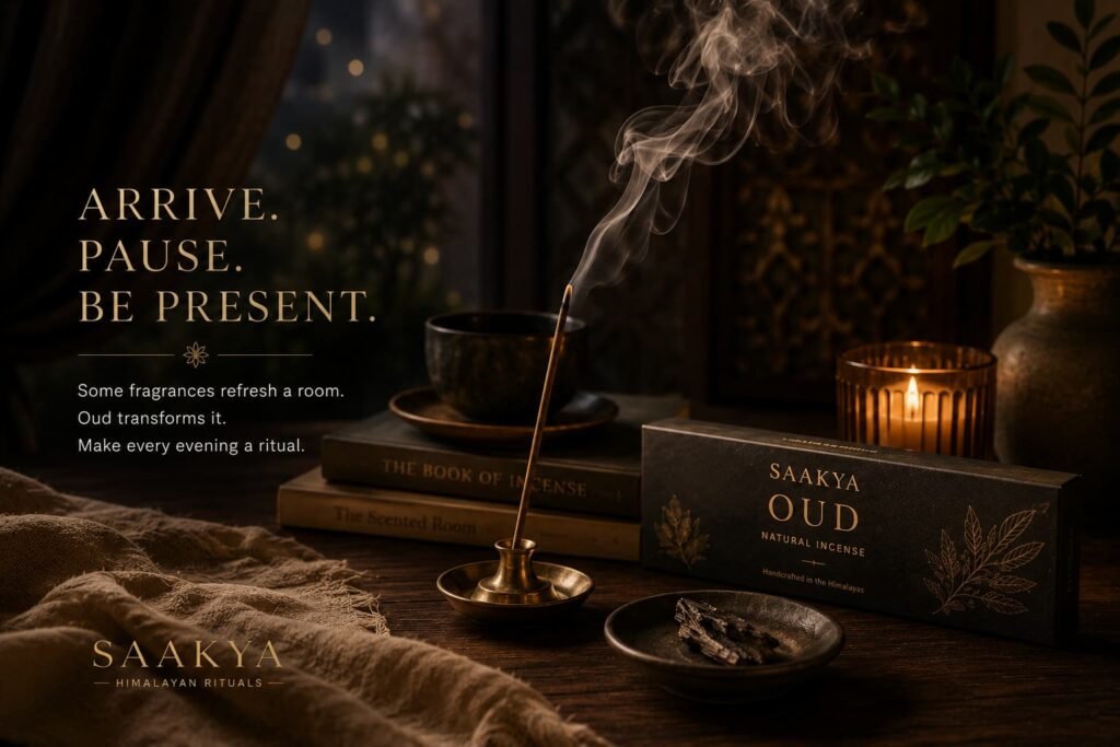 Cozy evening home ritual with Saakya Oud incense creating a warm and calming atmosphere