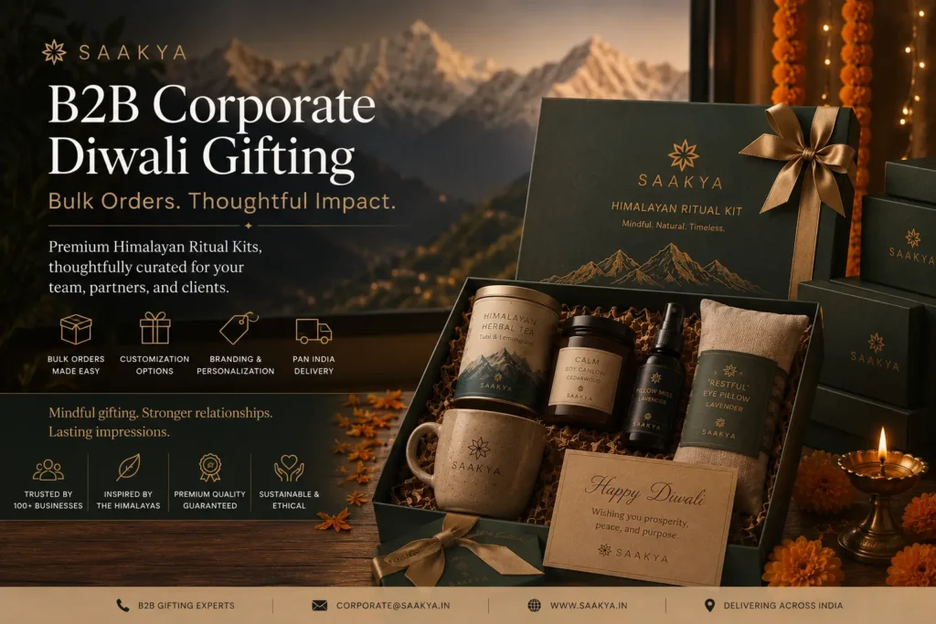 Saakya B2B corporate Diwali gifting India — bulk orders from 25 units with custom packaging and branded ritual cards