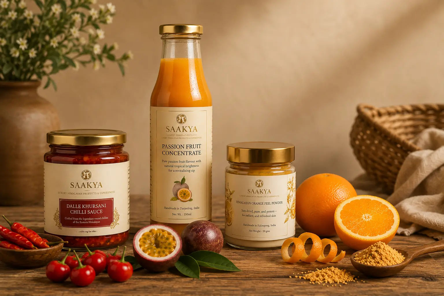 Saakya Himalayan Pantry featuring Dalle Khursani Chilli Sauce, Passion Fruit Concentrate and Himalayan Orange Peel Powder from the Eastern Himalayas.