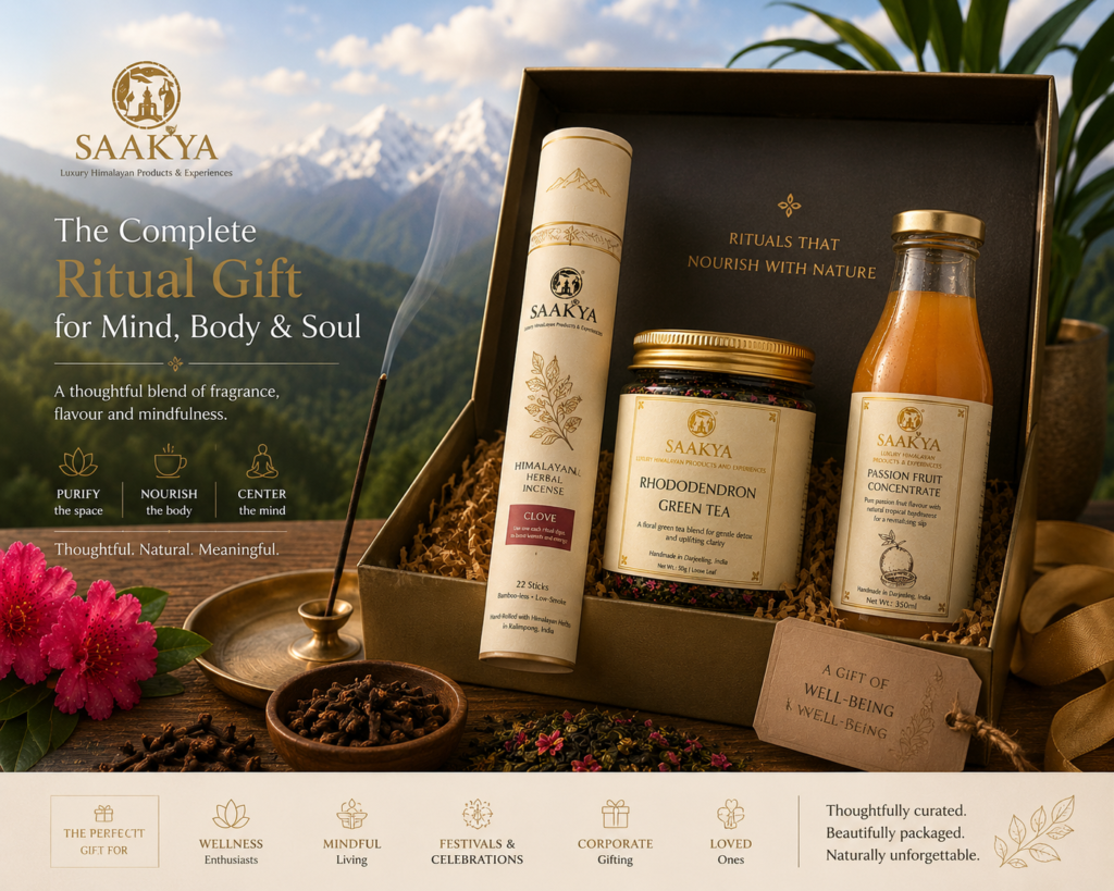 Saakya complete Himalayan ritual gift — incense sticks, Darjeeling tea and fruit concentrate gift set India