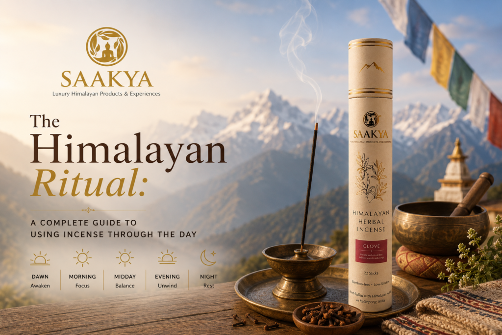 Saakya Himalayan ritual incense sticks burning at dawn — natural bamboo-free agarbatti for morning meditation