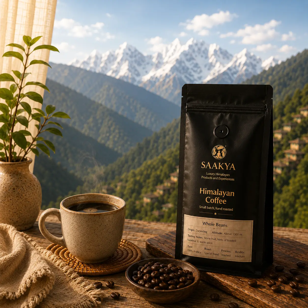 Single-origin Himalayan Arabica coffee sourced from Darjeeling and Kalimpong in the Eastern Himalayas.