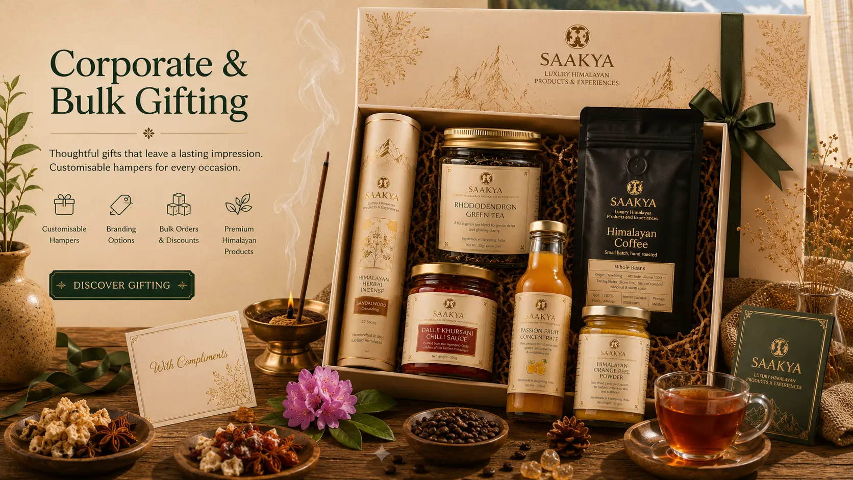 Saakya Himalayan gifting hamper featuring incense, tea, coffee and pantry essentials for corporate gifting, festive gifting and custom gift boxes.
