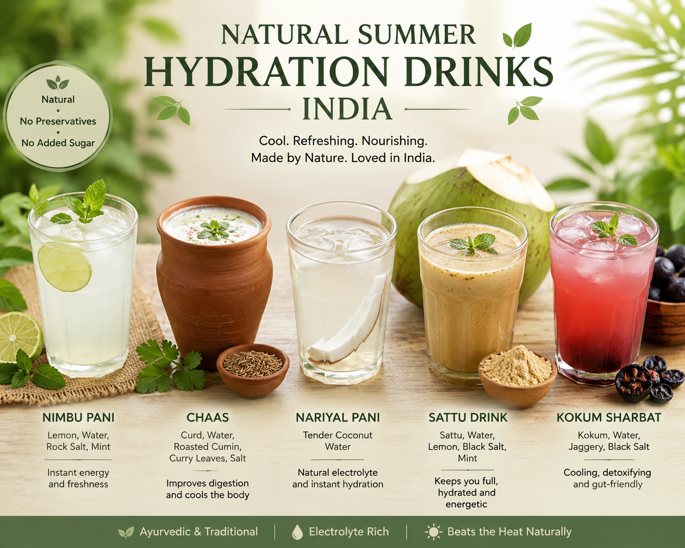 natural summer hydration drinks India — aam panna lemonade and passion fruit by Saakya