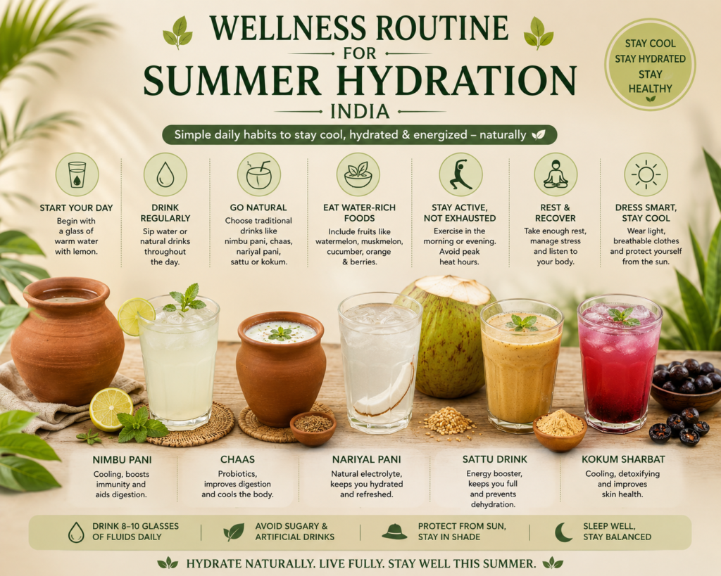 summer wellness routine India — hydration drinks and calming incense by Saakya