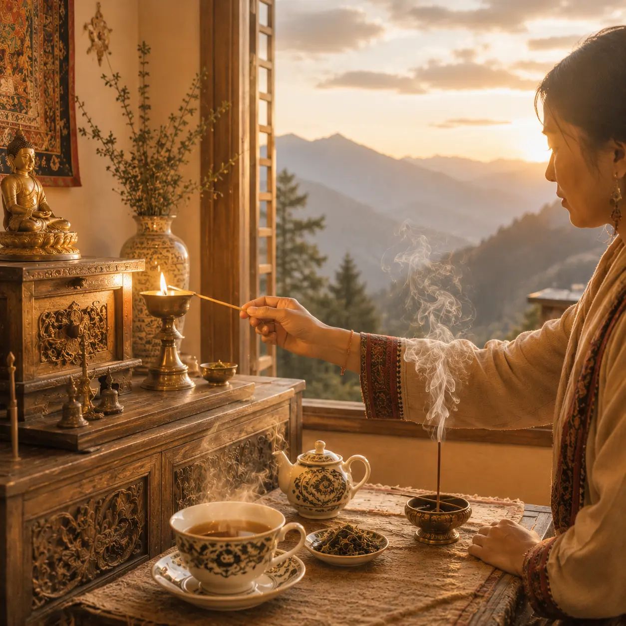 Himalayan evening ritual inspired by Chhöme featuring calming tea, natural incense and twilight light in the Eastern Himalayas.