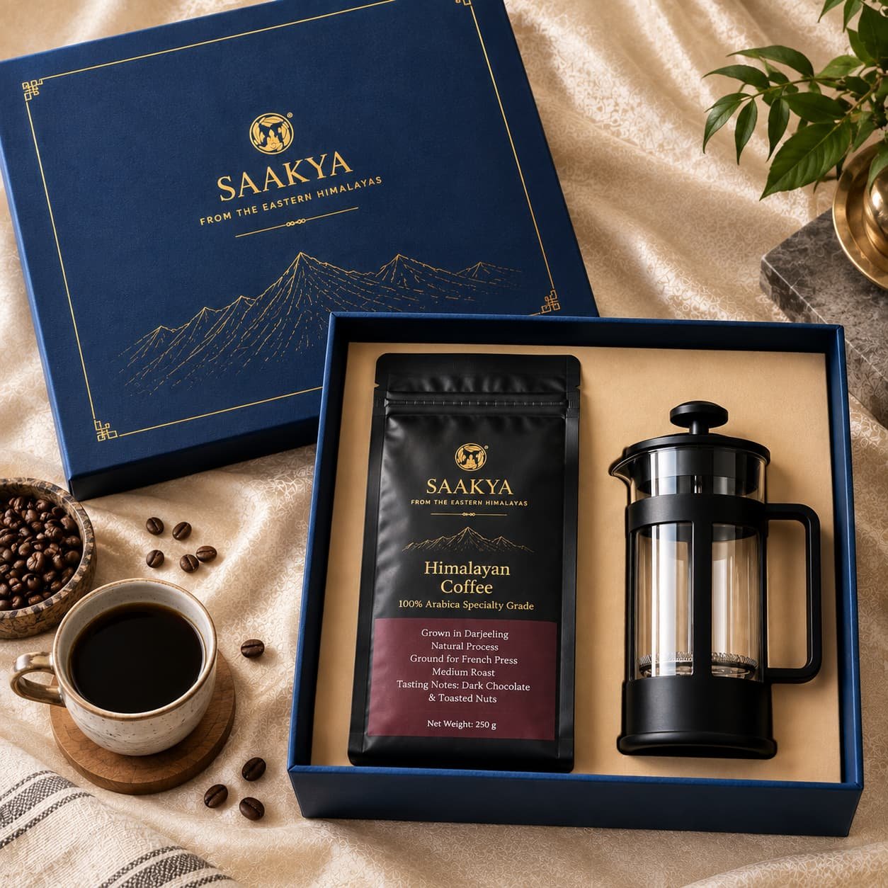 Saakya Himalayan Coffee Gift Box with Darjeeling coffee and French press