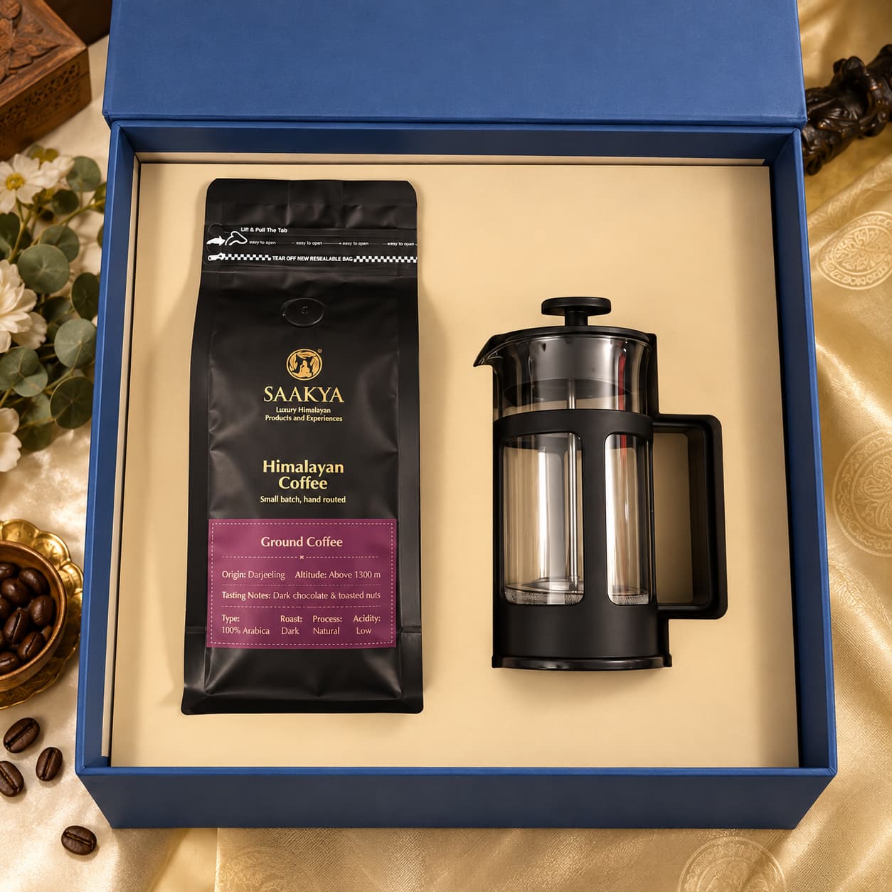Saakya Himalayan Coffee Gift Box with Darjeeling coffee and French press