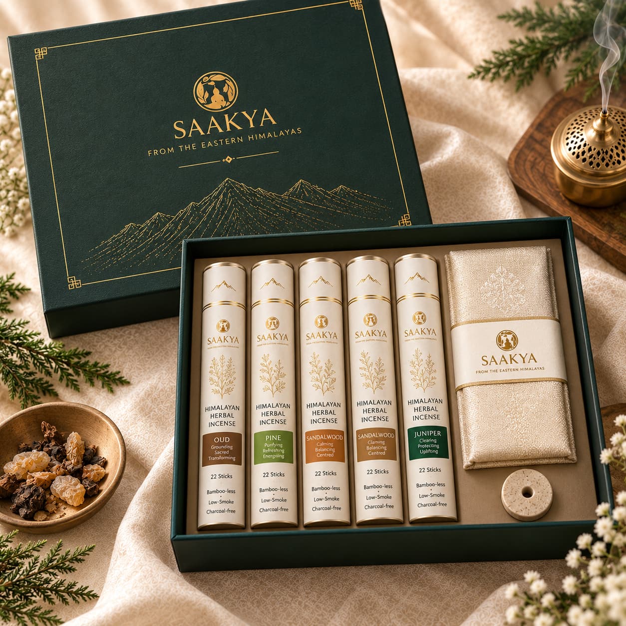Saakya Himalayan Ritual Gift Box with incense, silk khada and incense holder
