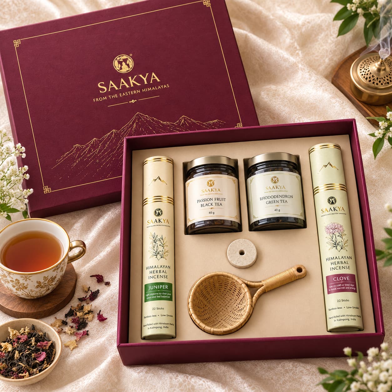 Saakya Himalayan Wellness Gift Box with herbal incense, Darjeeling tea, bamboo tea strainer and incense holder