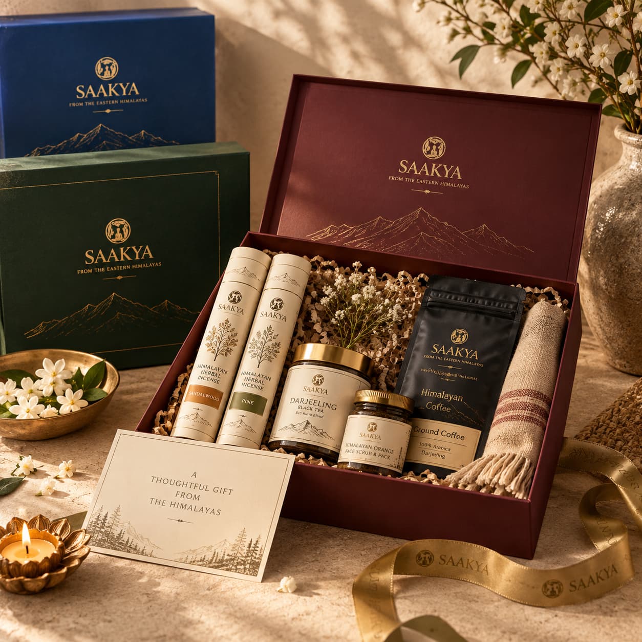 Saakya thoughtful Himalayan gift box with Darjeeling tea, coffee, herbal incense and wellness products